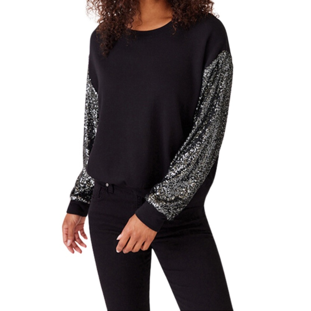 Black Sweatshirt with Silver Sequin Sleeves - Women